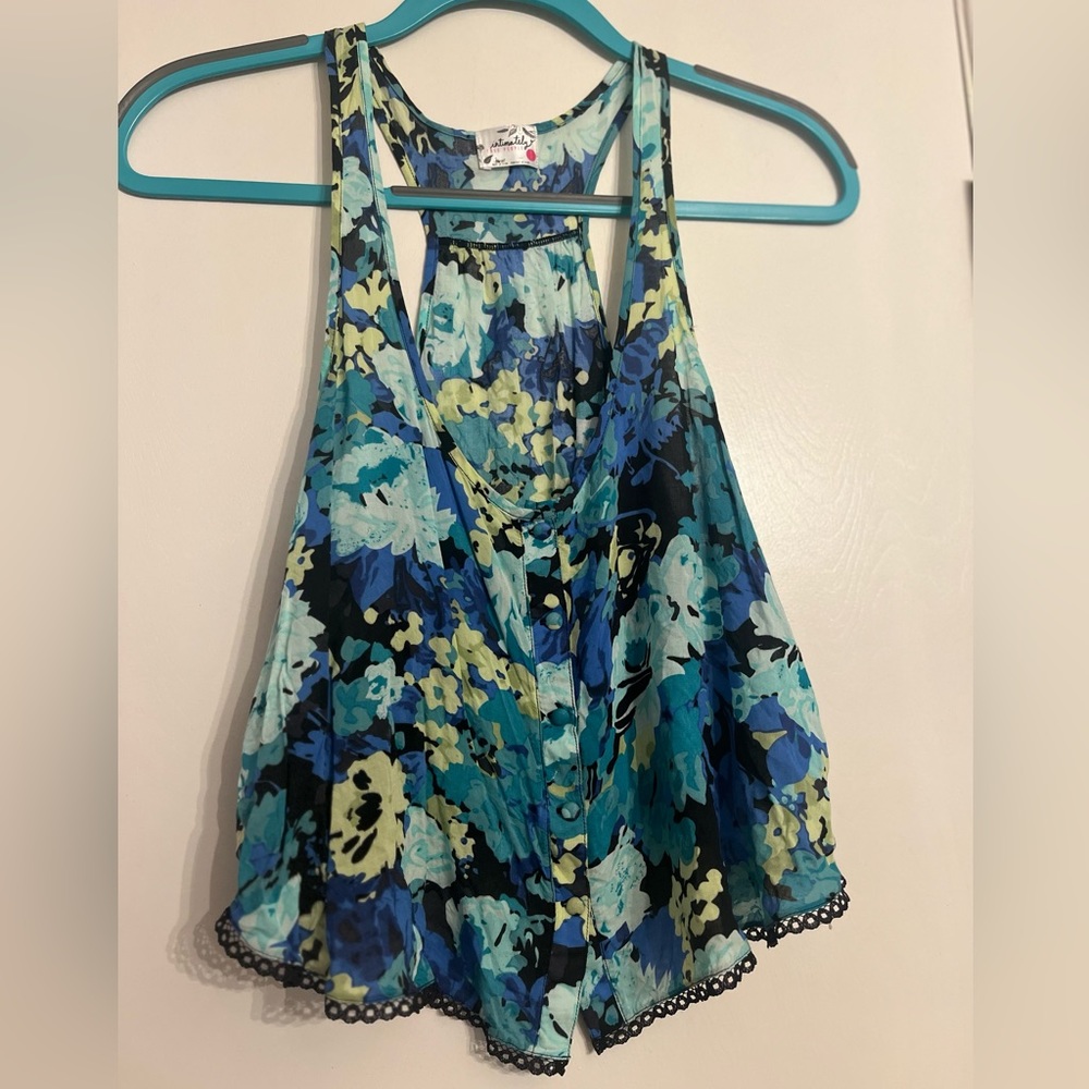 Free People Intimitely Black with Blue Floral Pattern Tank Top Size Small